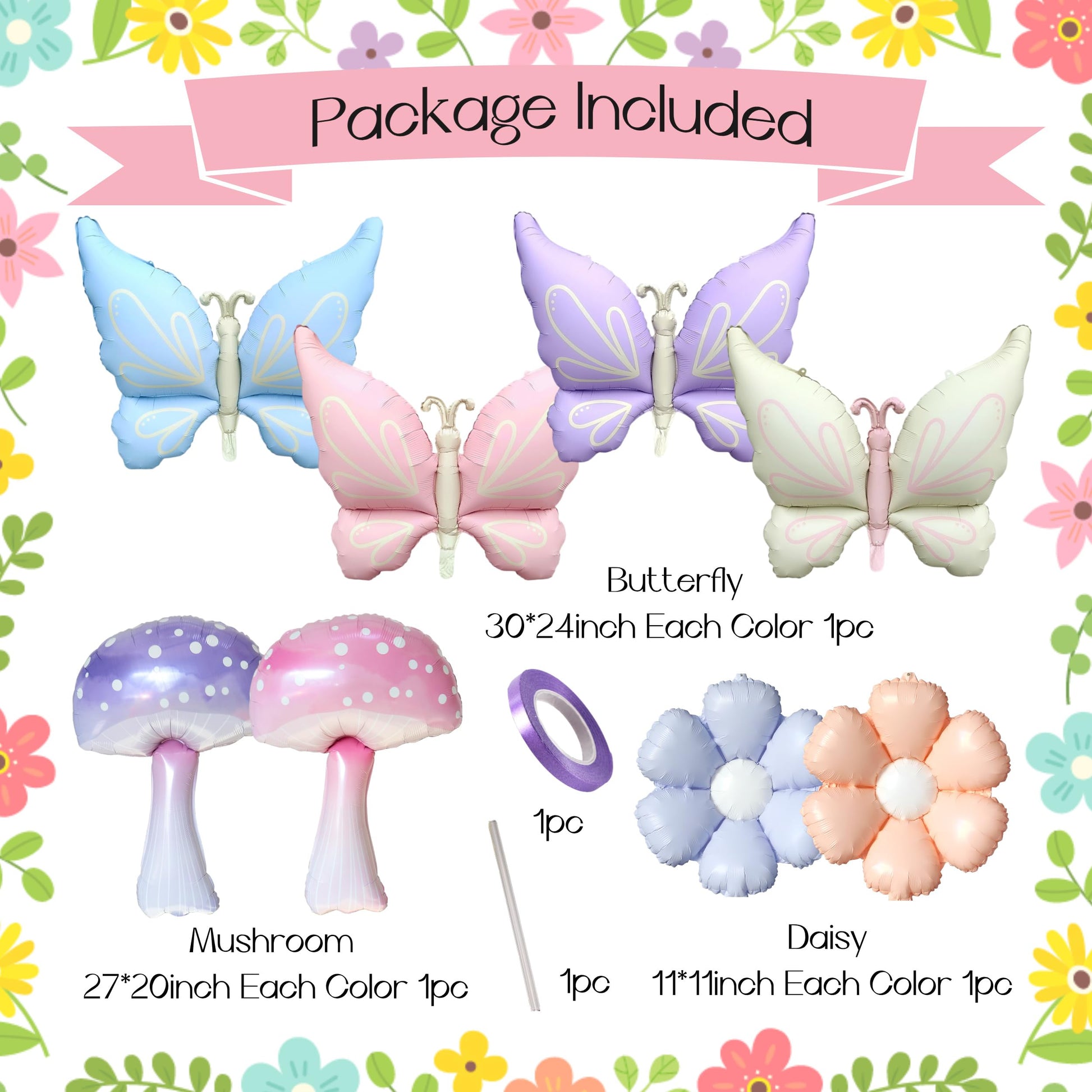 Enanal 8pcs Pastel Mushroom Butterfly Foil Balloons for Enchanted