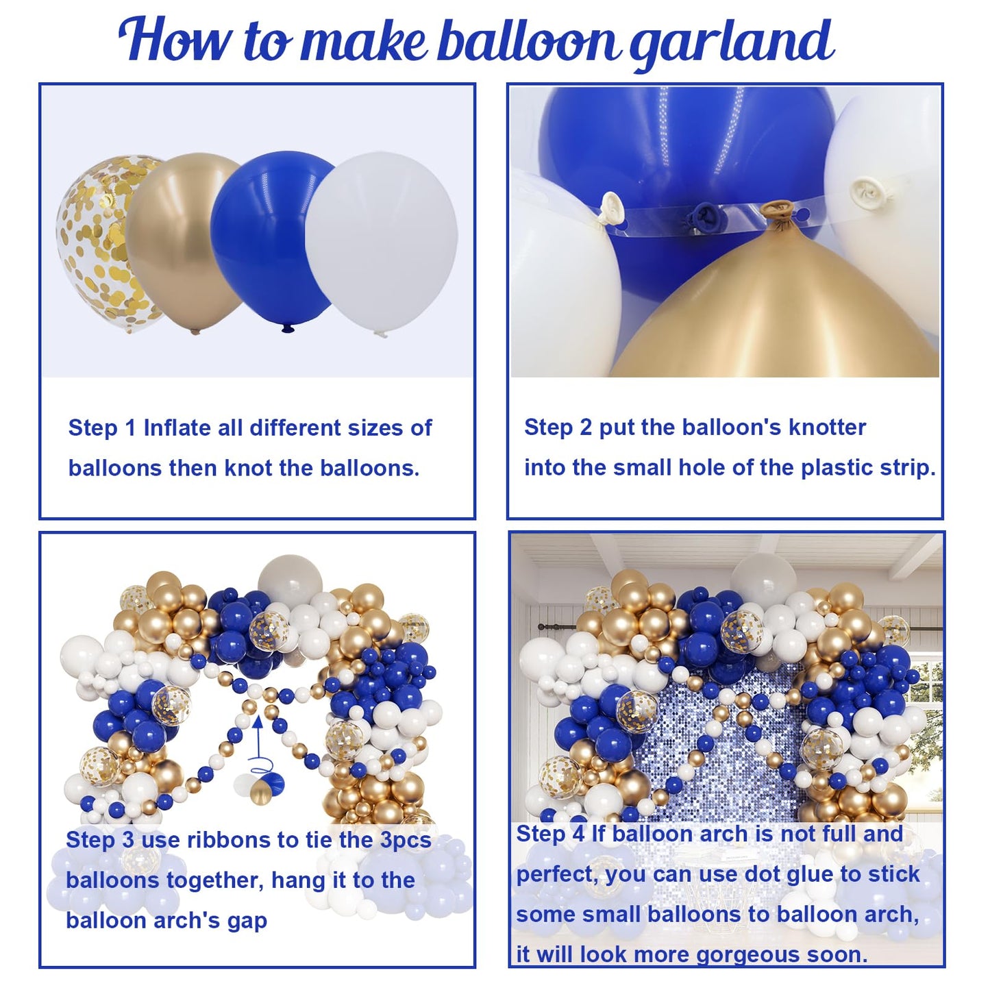 Royal Blue and Gold Balloons Garland Arch Kit, 162pcs Royal Blue White