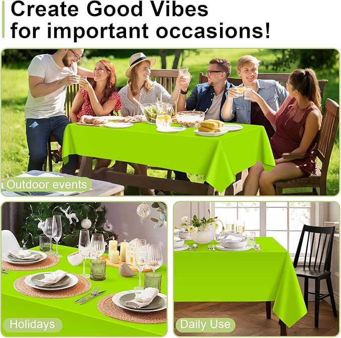 QIKSION Lime Green Plastic Table Cloth Disposable 6 Pack, 54 x 108