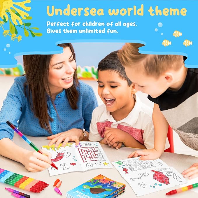 24 Under the Sea Mini Coloring Books Kids with 24 Stacking Crayons