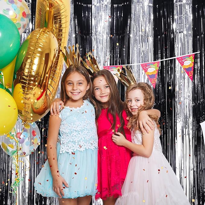 Black Silver Metallic Tinsel Foil Fringe Curtains, 4 Pack 3.3x8.3