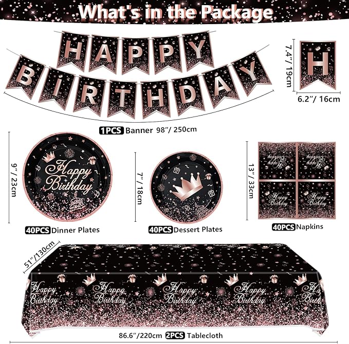 123 Pack Black and Rose Gold Party Supplies Pink Birthday Party