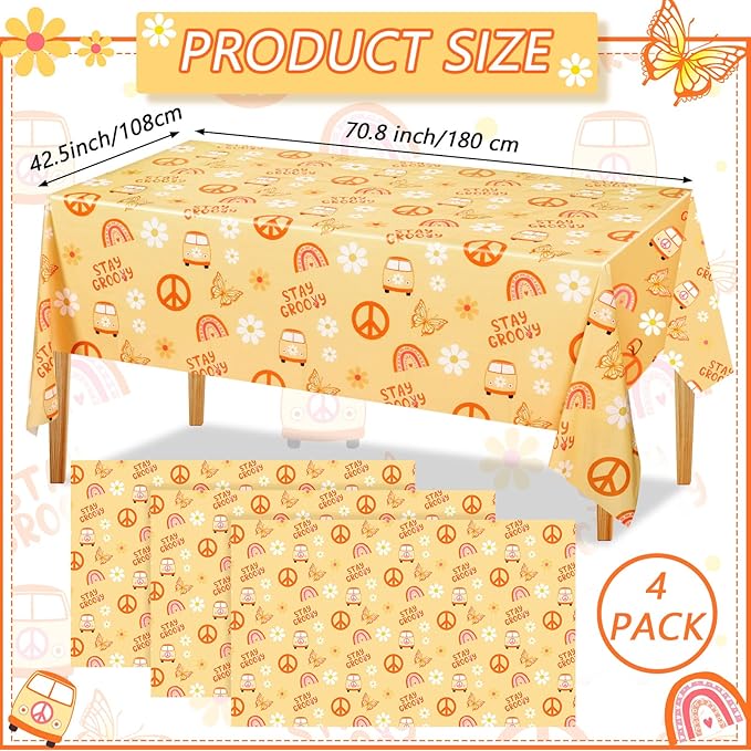 4 Pcs Stay Groovy Tablecloth Retro Hippie Boho Party Table Covers