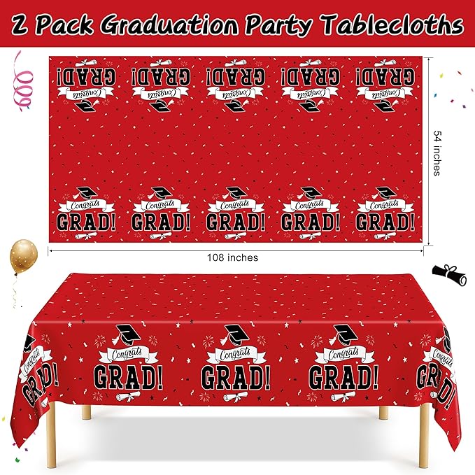 QZYL 2 PCS Graduation Tablecloth, 108" X 54" Red Graduation Table