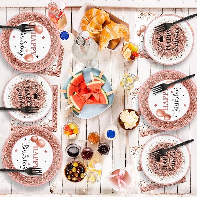 Wiooffen 96pcs Rose Gold Birthday Party Supplies Pack Happy Birthday