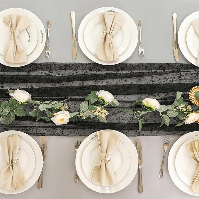 Snowkingdom Black Table Runner, 10FT Sheer Tulle Gauze Metallic Mesh