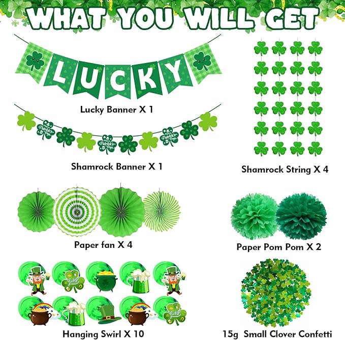 St Patrick's Day Decorations Set with Lucky Banner Shamrock Garland
