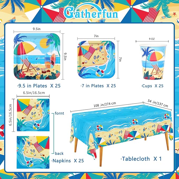 Beach Theme Party Supplies Summer Pool Pack Includes Paper Dinner