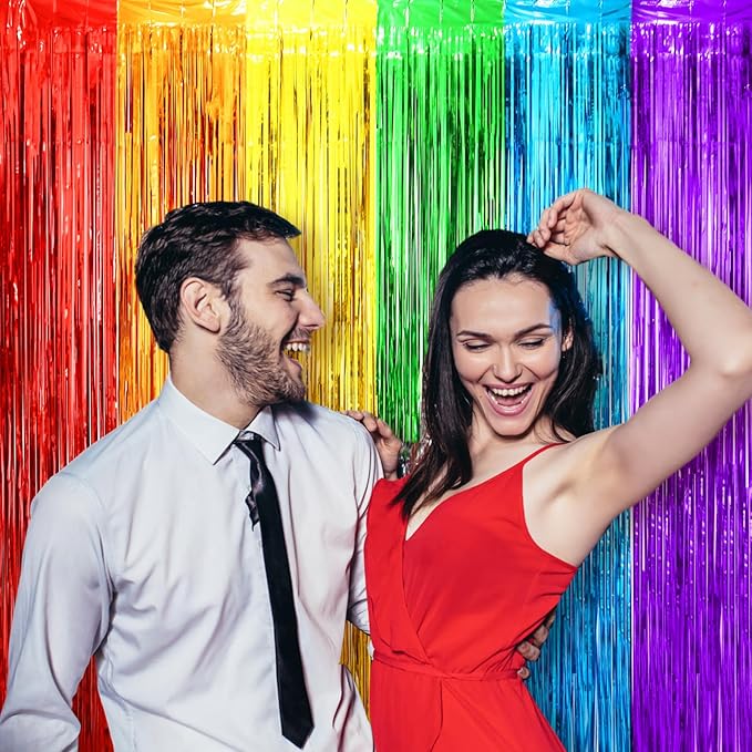 Voircoloria 2 Pack Rainbow Foil Fringe Backdrop Curtains, Tinsel