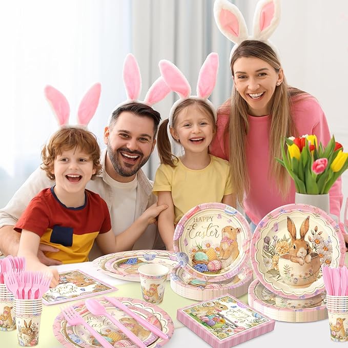 168PCS Happy Easter Party Supplies, Bunny and Eggs Paper Plates