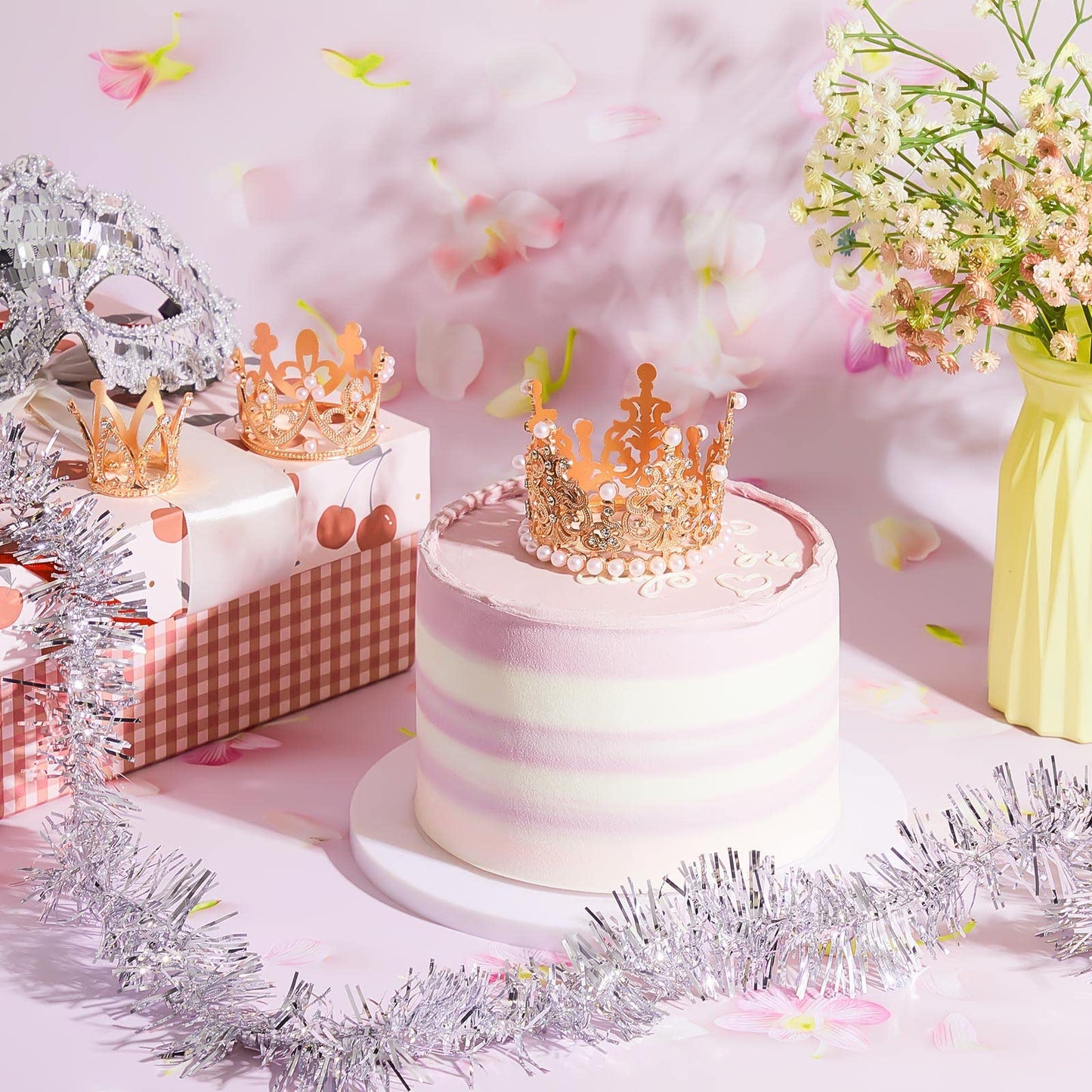 6 Pcs Crown Cake Topper Artificial Pearl Rhinestone Small Tiara Cake