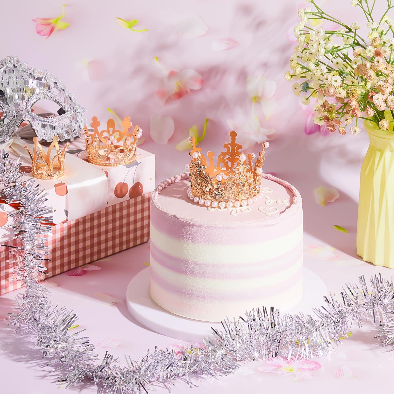 6 Pcs Crown Cake Topper Artificial Pearl Rhinestone Small Tiara Cake