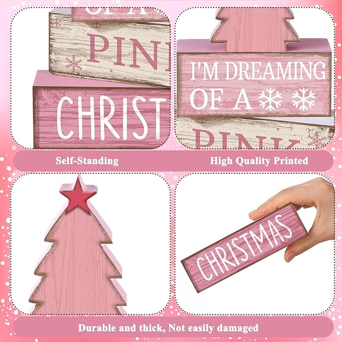 4 Pcs Christmas Table Decoration Wooden Pink Christmas Tree