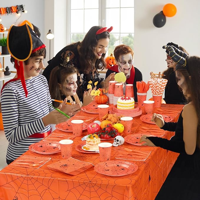 452 Pcs Halloween Spiderweb Supplies Tableware for 50 Guests Orange