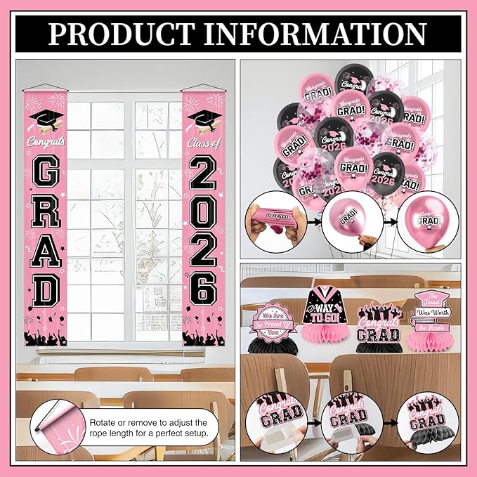 Graduation Decorations 2026 Pink Graduation Party Decor Set include