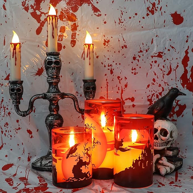 Halloween Flickering Candles with Witch Crow Raven Castle Decals Red
