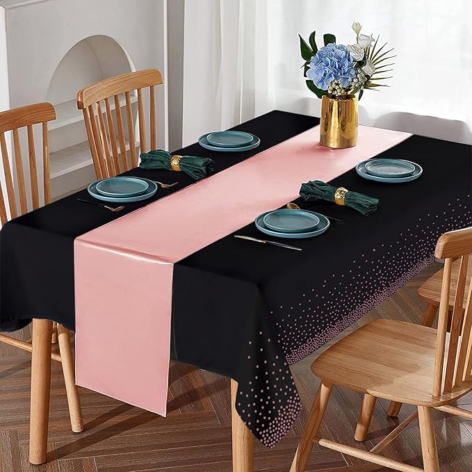 24Pack Disposable Plastic Tablecloth and Satin Table Runner Black and