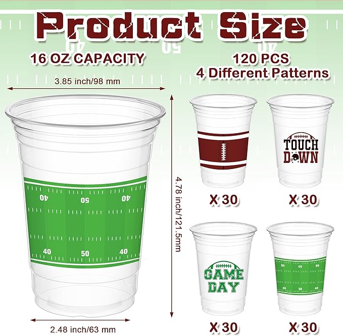 120 PCS Football Cups 16 OZ Disposable Plastic Football Party Cups