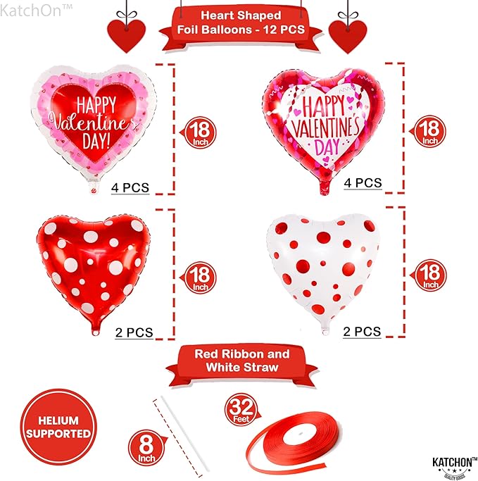 Happy Valentine's Day Balloons Set 12 Pack Red White & Pink Heart