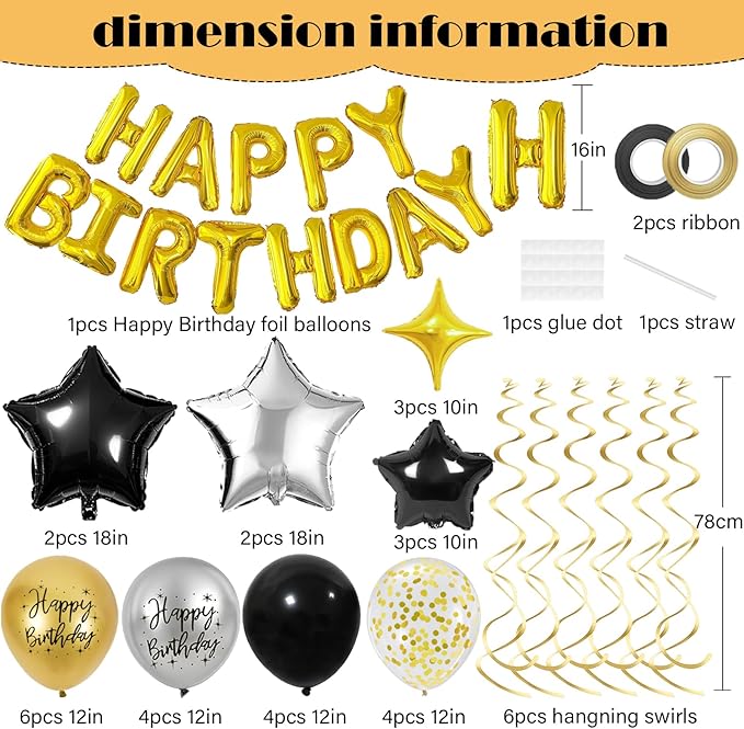 Black Gold Birthday Decorations, 3D Foil Happy Birthday Balloon