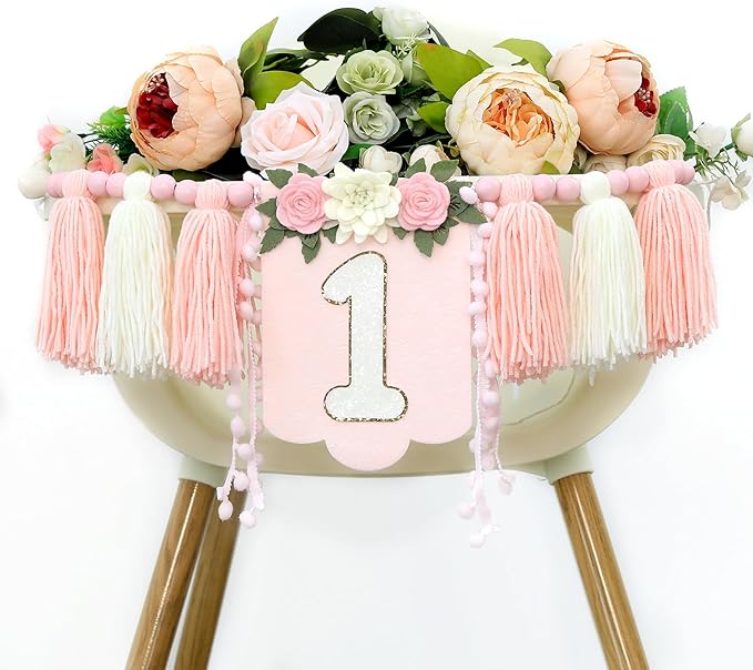 Handmade Wildflower 1st Birthday HighChair Banner Pink White Party