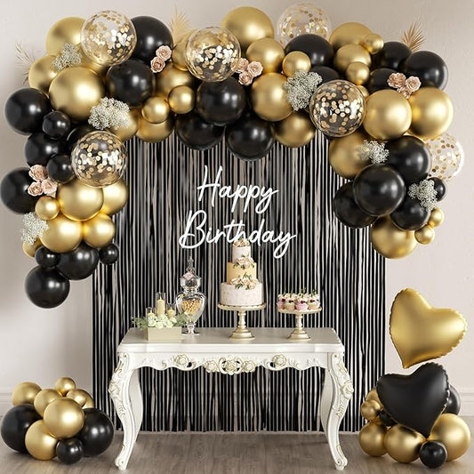 157Pcs Black and Gold Balloons Garland Arch Kit with Fringe Curtain
