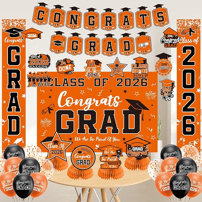 Graduation Decorations 2026 Orange Set, Congrats Grad Decor Set with