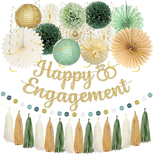 Engagement Party Decorations Green and Gold Glitter Happy Engagement