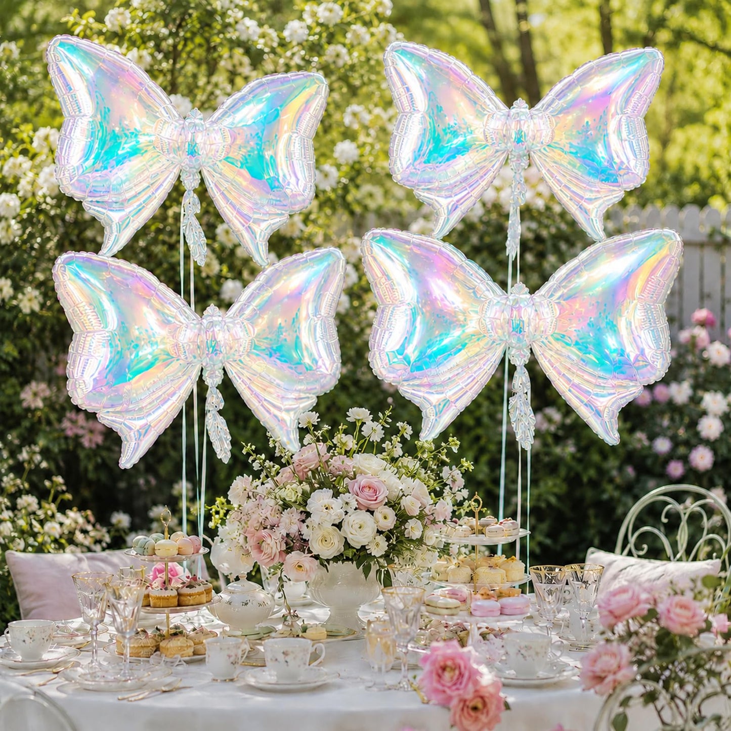 Iridescent Bow Balloons, 4 Pcs Clear Rainbow Holographic Foil Balloons