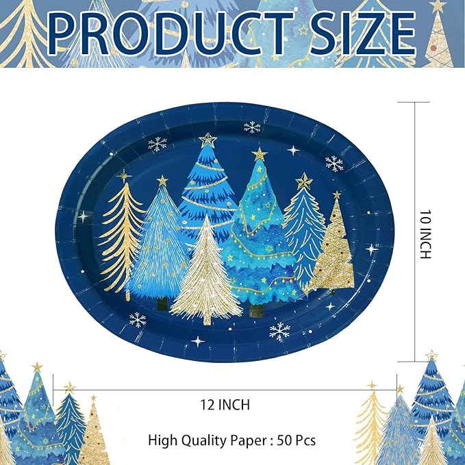 50Pcs Blue Christmas Tree Oval Plates 10” x 12” Christmas Tree Heavy