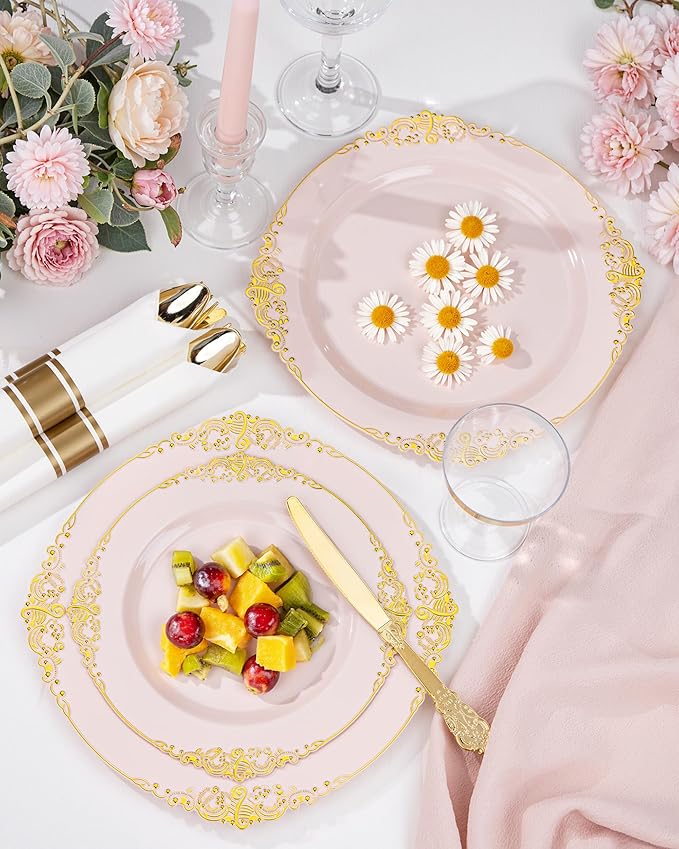 Nervure 175PCS Pink Plastic Plates - Disposable Pink Gold Party