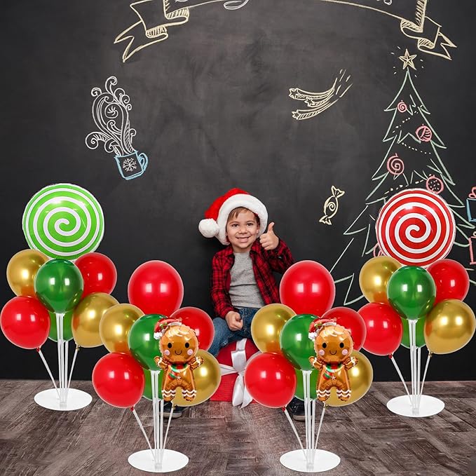 4 Sets Christmas Party Balloons Stand Kit with Gingerbread Man Candy