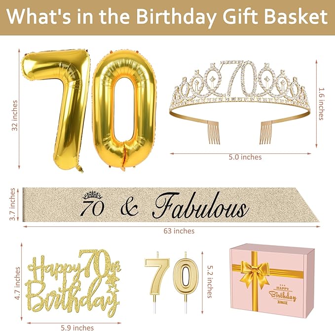70th Birthday Decorations for Women Gold with 70th Birthday Sash and