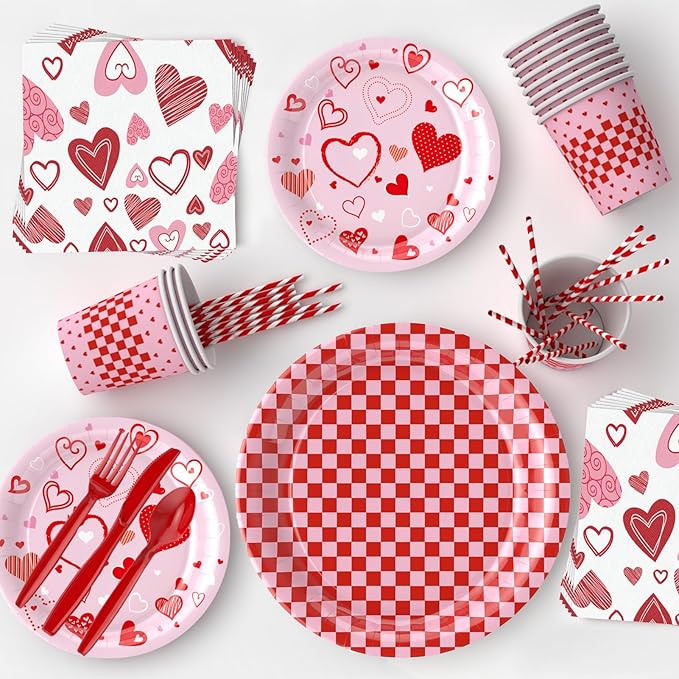 146Pcs Valentine's Day Party Tableware Set Red Heart Love Disposable