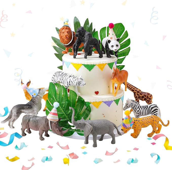 37 Pcs Jungle Animal Birthday Cake Toppers Mini Birthday Hat Animal