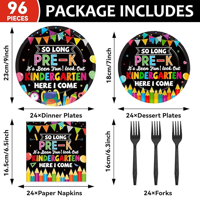 96Pcs Pre K Graduation Party Paper Plates and Napkins So Long Pre K
