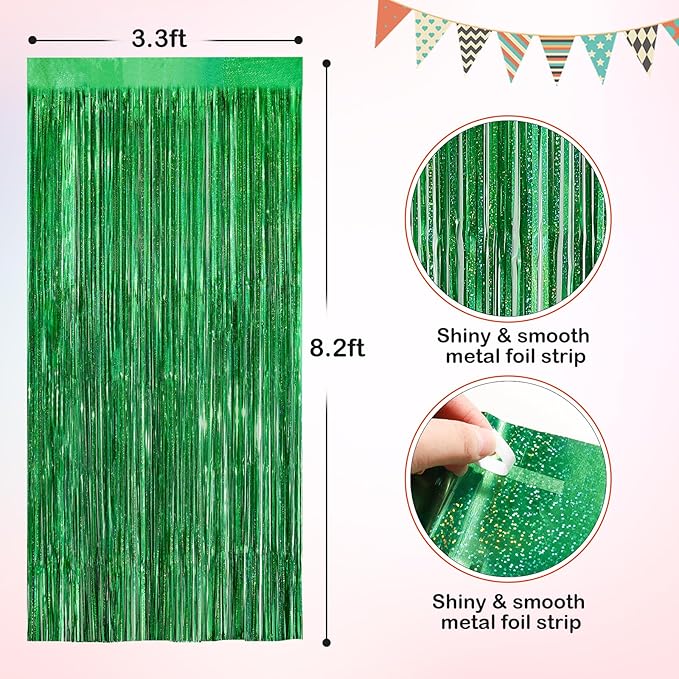 Green Metallic Tinsel Foil Fringe Curtains, 2 Pack 3.3x8.3 Feet Party