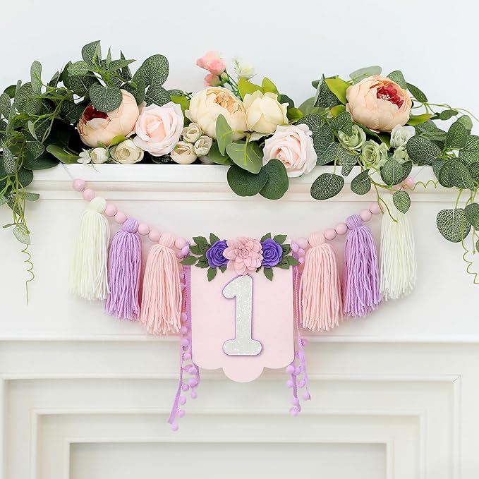 Handmade Wildflower 1st Birthday High Chair Banner Purple Pink
