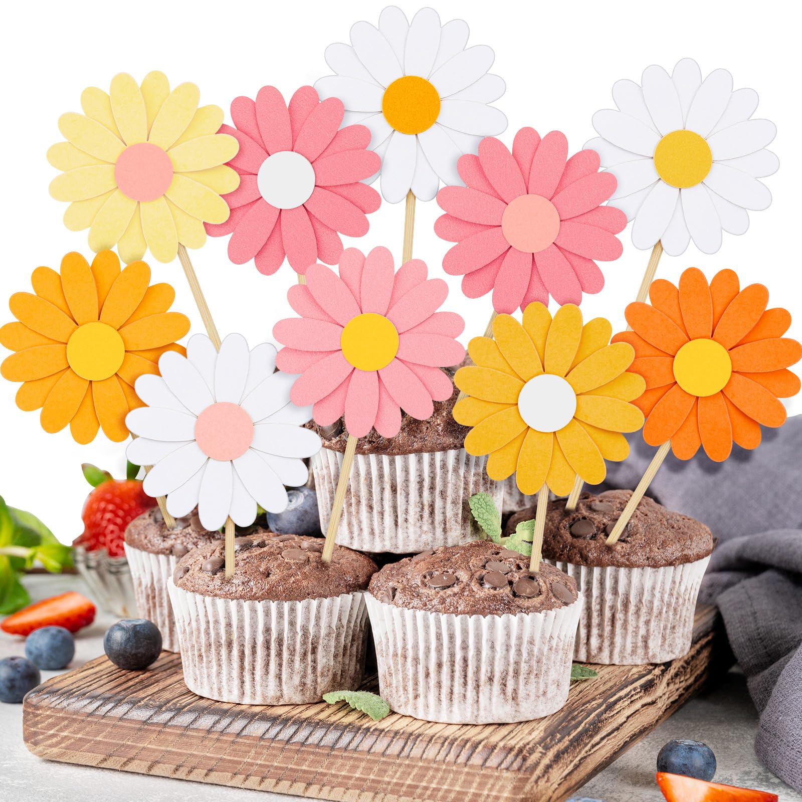 Henoyso 48 Pcs Daisy Cupcake Toppers Groovy Spring Flower Cake Topper