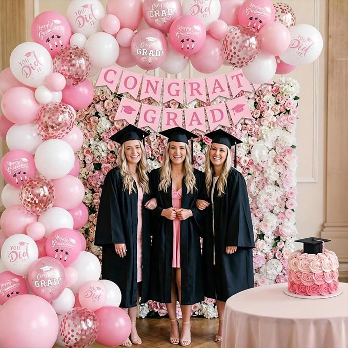 Pink Graduation Balloons,12 Inch Pink and Rose Gold Printed 2026,You