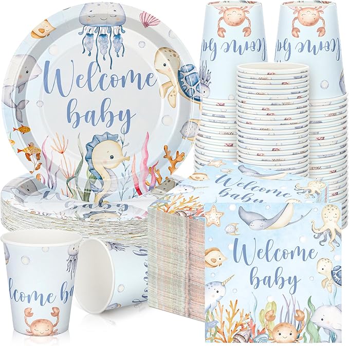 200 Pcs Under the Sea Baby Shower Paper Plates Napkins Cups Baby