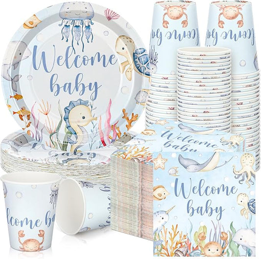 200 Pcs Under the Sea Baby Shower Paper Plates Napkins Cups Baby