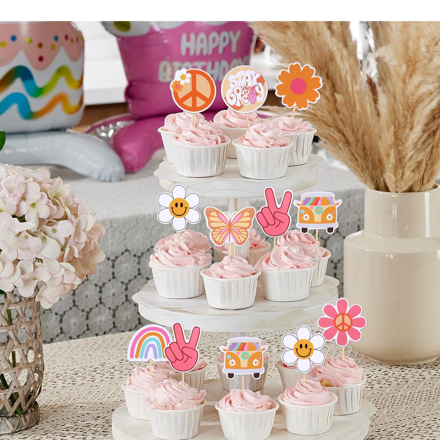 Rsstarxi 36 Pack Groovy Cupcake Toppers Hippie Party Cake Decorations