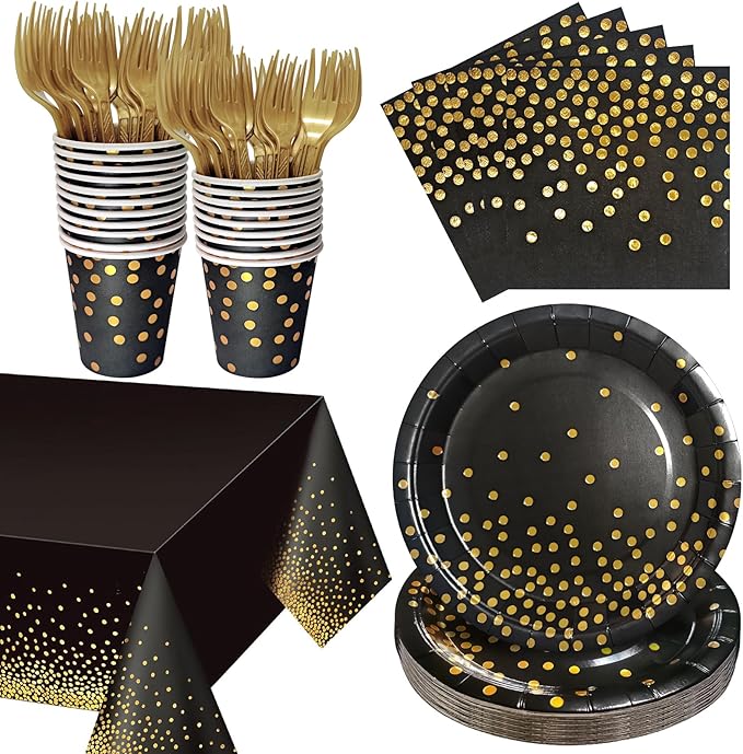 Black and Gold Party Supplies Includes 9" Paper Plates and Napkins