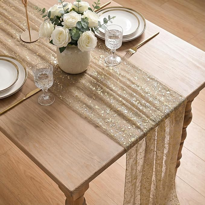 Artoid Mode Coffee Gold Gauze Table Runner 120 Inch 10FT, Glitter