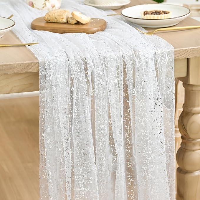 Artoid Mode White Silver Gauze Table Runner 59x120 Inch 10FT, Glitter