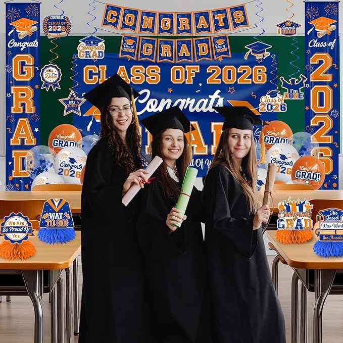 Graduation Decorations 2026 Blue and Orange Graduation Party Decor