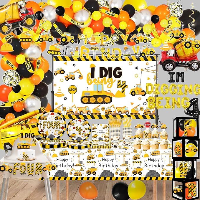 345 Pcs Construction 4th Birthday Party Supplies Dump Truck Four