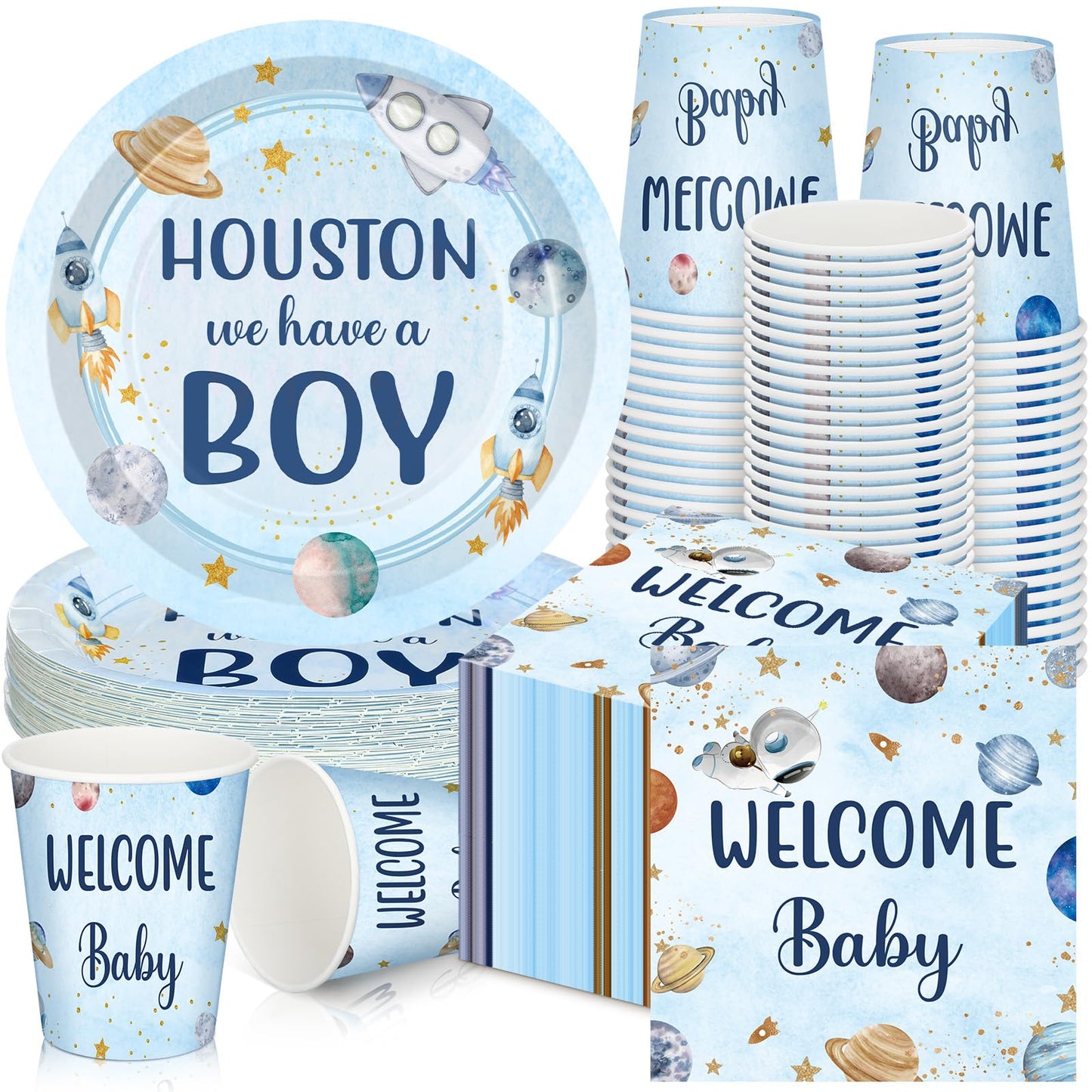 Hushee 200 Pcs Outer Space Baby Shower Paper Plates Napkins Cups Baby