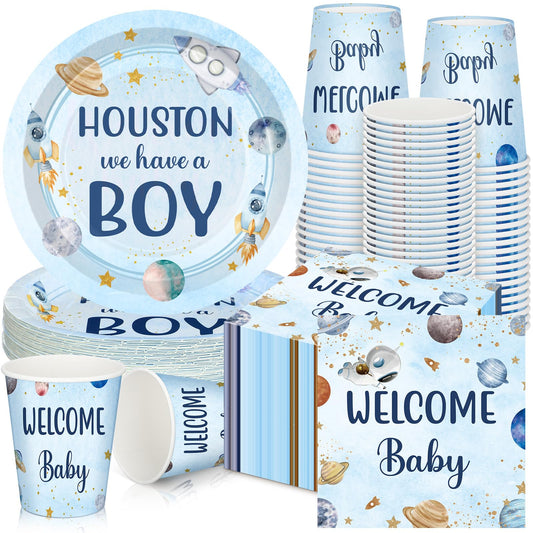 Hushee 200 Pcs Outer Space Baby Shower Paper Plates Napkins Cups Baby